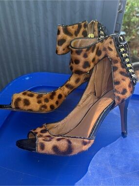 Nine West Leopard Print Open-Toe Ankle Lace-Up Heels